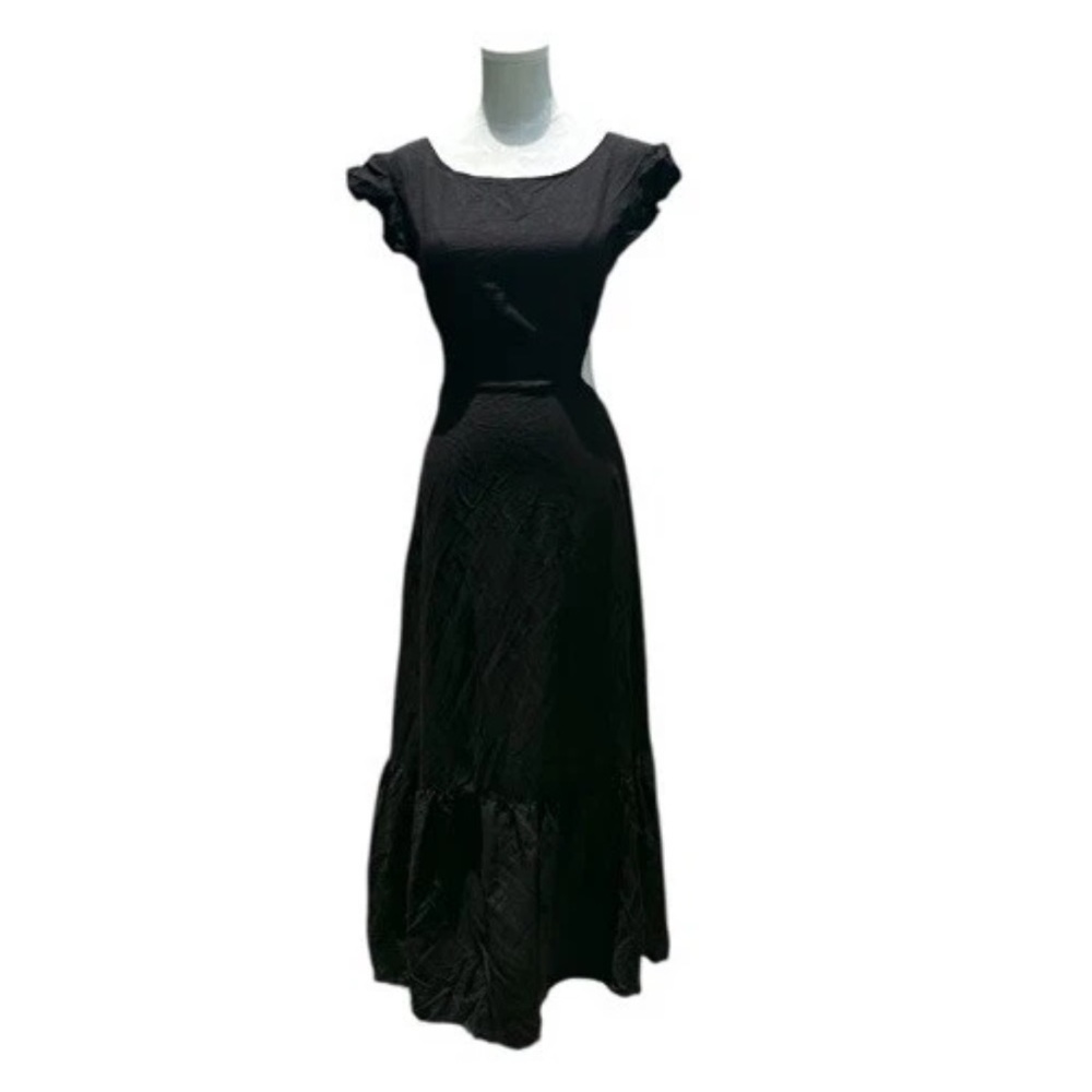 Jason Wu Open Back Linen Blend Tiered Hem Midi Sundress Black Flutter Sleeve M